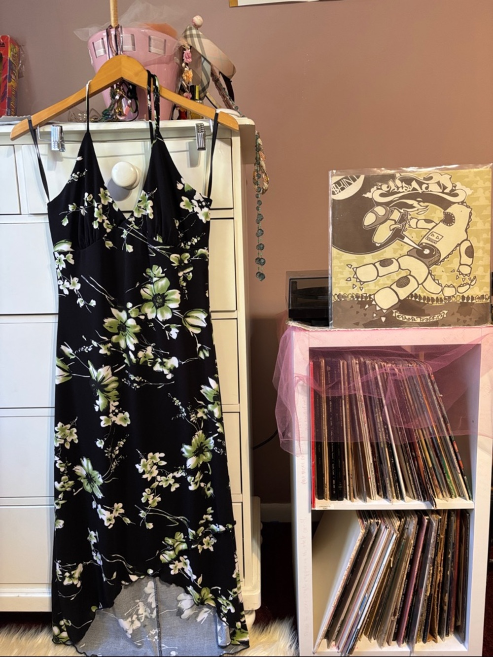 Vintage Y2K Midi Dress Halter Floral Print Green Asymmetrical Bias Babydoll 90’s